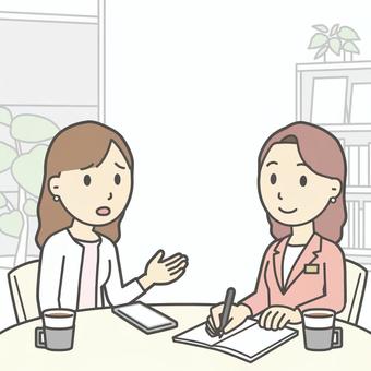  婚活07-相談する女性_正方形 相談,女性,婚活,お見合い,結婚相談所,カウンセラー,面談,悩む,助言,アドバイスのイラスト素材