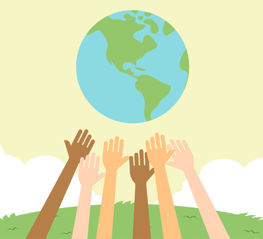 色々な人種が手を上げる イラスト 手,人種,人種差別,人物,団結,世界,アンチレイシズム,地図,万歳,象徴のイラスト素材