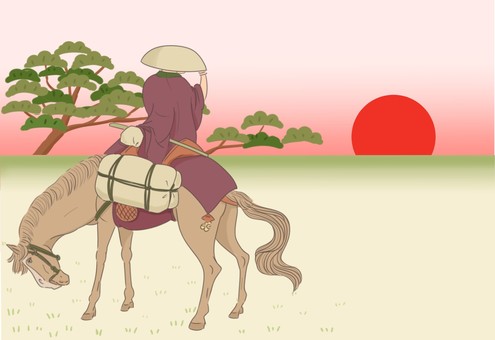 江戸時代　馬に乗り朝日を見る 馬,江戸時代,太陽,赤い,松,新年,年賀状,旅,午,浮世絵のイラスト素材