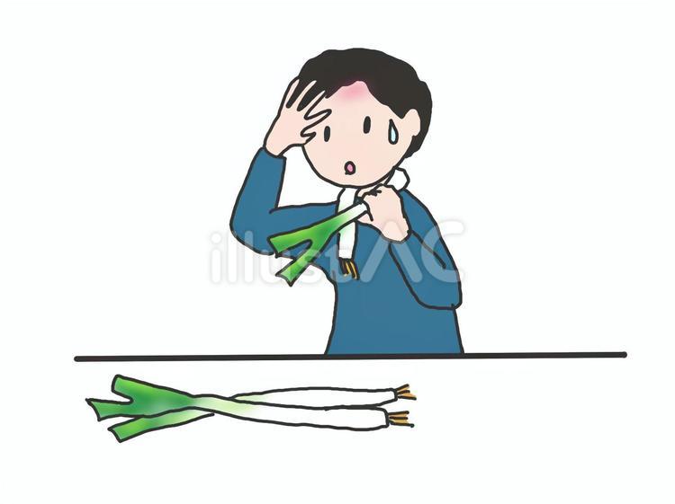 風邪をひいた人が首にネギを巻いている 風邪,ねぎ,長ネギのイラスト素材