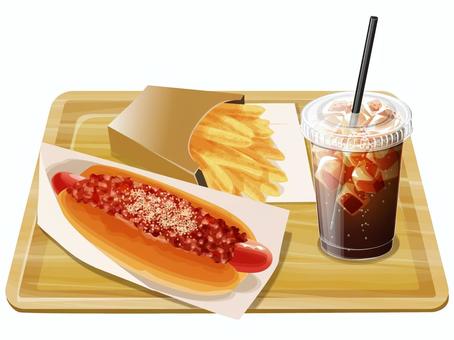 チリドッグセット1 チリドッグ,ファストフード,料理,食べ物,飲み物,昼食,軽食,フライドポテト,コーラ,ロールパンのイラスト素材