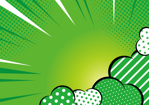緑色のポップな柄の雲と効果線の背景素材 効果線,集中線,雲,ドット,ライン,ポップ,緑色,背景のイラスト素材