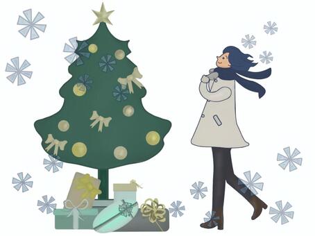 クリスマスの街を歩く女性12 女性,コート,髪の毛,風,冬,ファッション,マフラー,手袋,ブーツ,グレーのイラスト素材