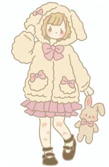 ふわもこうさ耳パーカーの女の子 うさぎ,うさ耳,ぬいぐるみ,動物,ふわふわ,着ぐるみ,上着,パーカー,防寒,ブルゾンのイラスト素材