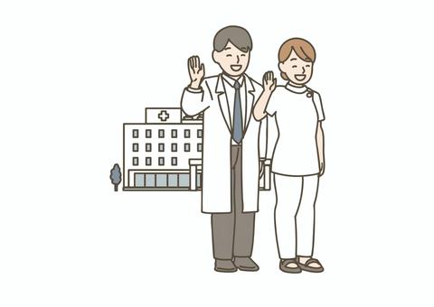 病院で見送る医師と看護師 病院で見送る医師と看護師 医師,看護師,病院,医療,見送り,笑顔,医療従事者,安心,回復,退院のイラスト素材