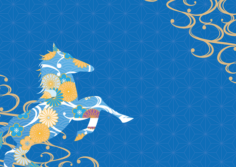 青色のおしゃれな花柄の馬の和風背景素材 午年,正月,和風,和柄,馬,花,渦,曲線,背景のイラスト素材