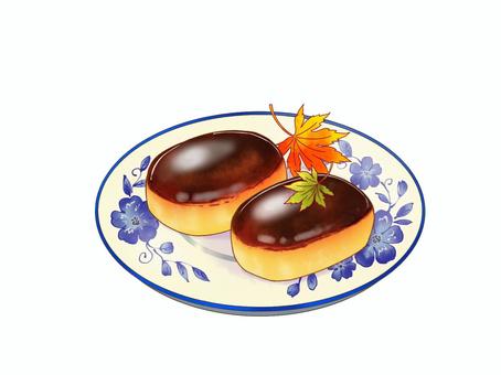 青い花柄皿に乗せた栗まんじゅうと紅葉 栗まんじゅう,青,和菓子,秋,紅葉,栗,食べ物,スイーツ,シノワズリ,花柄のイラスト素材