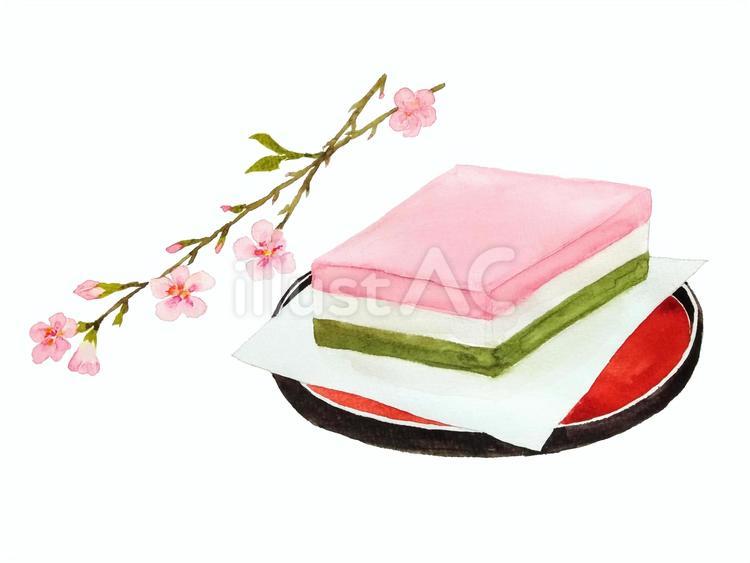 菱餅と桃の花の水彩手描きイラスト 白背景,ピンク,春のイラスト素材