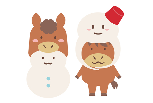 馬と雪だるま_コスプレ 馬,午年,年賀状素材,雪だるま,冬,コスプレ,かわいい,ユニーク,被り物,干支のイラスト素材