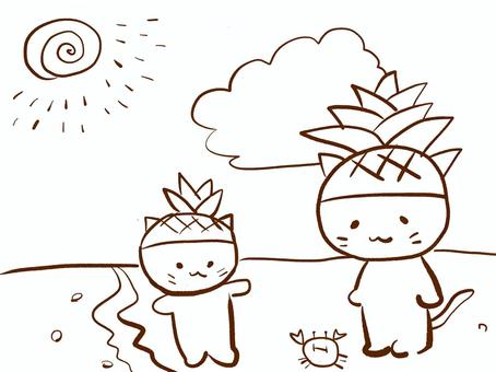 [Coloring book] Cat bathing in the sea, , JPG and PNG