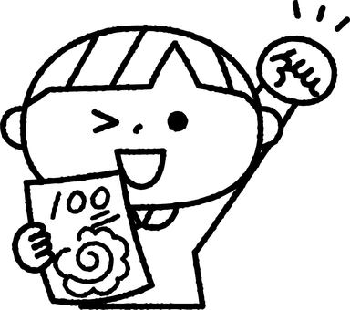 100点をとった男の子モノクロ 人物,子供,テスト,100点,満点,高得点,成績,優等生,笑顔,嬉しいのイラスト素材