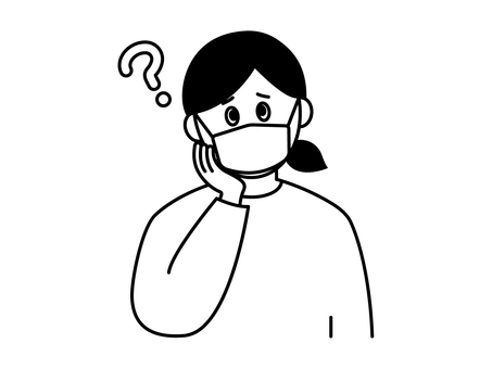 モノクロ 疑問に思う女性（マスクあり） 女性,疑問,モノクロ,マスク,はてな,悩む,困る,不安,考える,迷うのイラスト素材