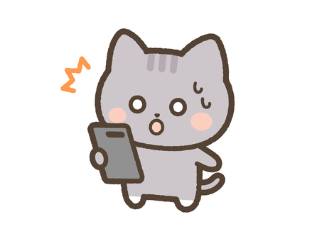 スマホを眺めて驚くねこ（サバトラ） ねこ,スマホ,驚く,びっくり,衝撃,携帯,スマートフォン,日常,表情,かわいいのイラスト素材