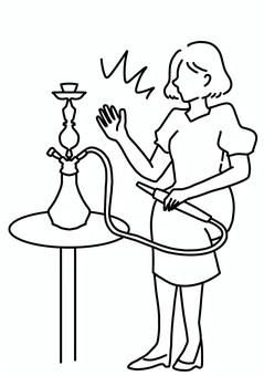 シーシャ本体で火傷する女性　線画 シーシャ,水タバコ,女性,トラブル,火傷,線画のイラスト素材