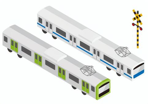 乗り物_4-アイソメトリック 電車,列車,在来線,鉄道,踏切,踏切信号,交通,アイソメトリック,立体,アイソメのイラスト素材