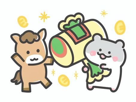 打出の小槌をもったハムスターと馬 馬,午年,打出の小槌,小判,ハムスター,午,正月,お正月,年賀状,2026年のイラスト素材