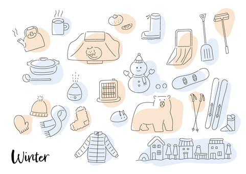 冬の手描き風素材（線画） 冬,こたつ,みかん,雪だるま,土鍋,ニット帽,マフラー,手袋,スノースクイージー,ダウンジャケットのイラスト素材