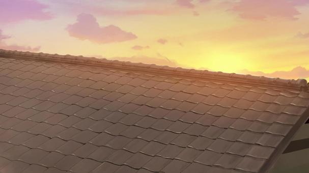 屋根の上　夕背景イラスト 屋根,瓦,上,背景,壁紙,絵,画像,イメージ,手描き,素材のイラスト素材