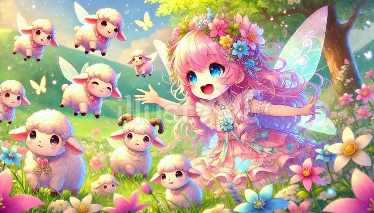 妖精の少女と可愛い羊たちが遊んでいる 少女,ファンタジー,可愛いのイラスト素材
