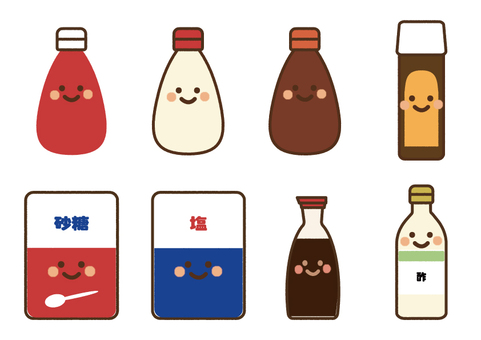 調味料ファミリー 調味料,ケチャップ,マヨネーズ,ソース,お好み焼きソース,とんかつソース,砂糖,上白糖,塩,食塩のイラスト素材