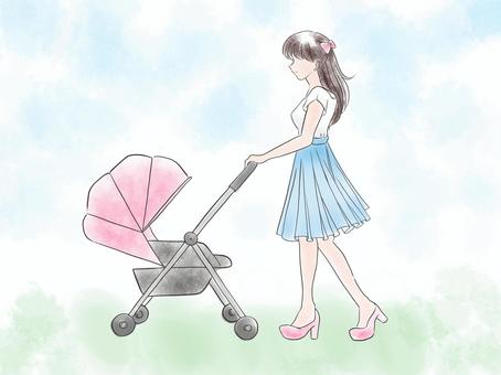 ベビーカーを押す女性　水彩風 ベビーカー,女性,ママ,母親,赤ちゃん,乳母車,水彩,保育,幼児,育児のイラスト素材