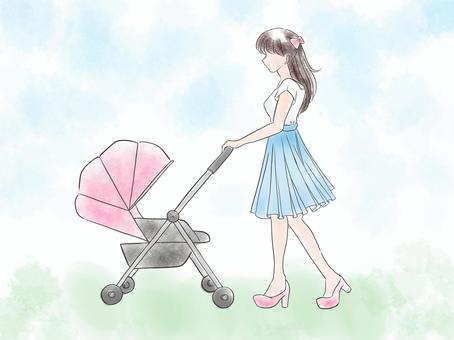 Woman pushing stroller watercolor style, , JPG