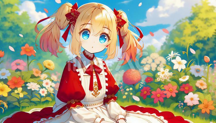 庭に座るお嬢様f 一枚絵,女の子,萌え系のイラスト素材