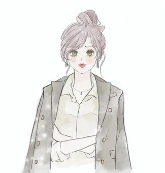 腕組みをする女性・お団子ヘア 女性,大人女子,大人可愛い,ファッション,お団子ヘア,垢抜け,スタイリッシュ,上半身,腕組み,オフィスカジュアルのイラスト素材