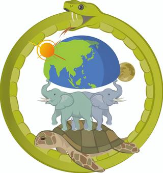 古代インドの宇宙観 須弥山説,インド,ヒンドゥー教,宇宙観,ゾウ,へび,宇宙のイラスト素材
