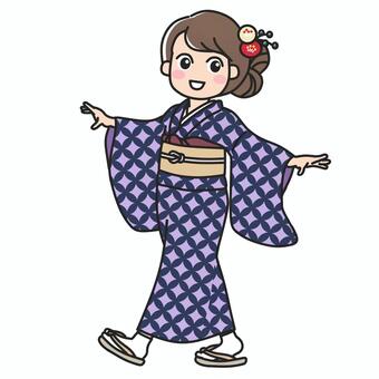 七宝文様の着物を着て楽しそうに歩く女性 女性,着物,和柄,七宝,文様,大和撫子,和服,晴れ着,晴れ姿,和装のイラスト素材