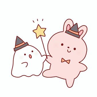 ハロウィンうさぎとおばけ ハロウィン,うさぎ,おばけ,帽子,ステッキ,動物,秋,線画,可愛い,ゆるいのイラスト素材