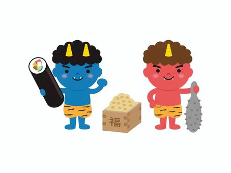 節分のイラスト4 節分,恵方巻,赤鬼,青鬼,鬼,豆,福,寿司,冬,行事のイラスト素材
