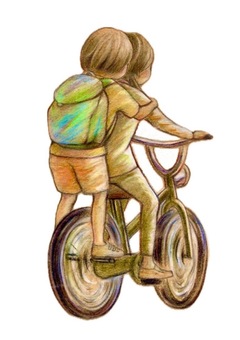 二人乗りの姉妹 女の子,少女,自転車,二人乗り,素朴,やさしい,色鉛筆,手描きのイラスト素材