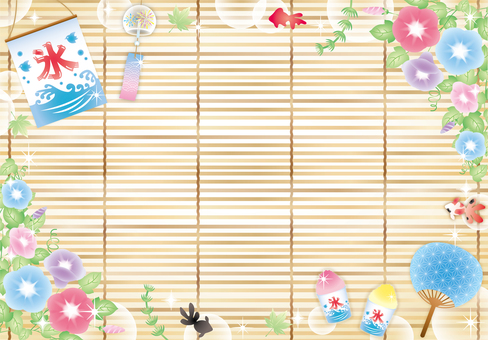かき氷朝顔涼やか和フレーム２ あさがお,夏,うちわ,風鈴,かき氷,キラキラ,花,和,かわいい,フレームのイラスト素材