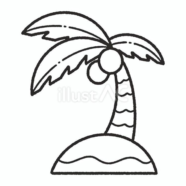 小島に生えるヤシの木＿線画 ヤシの木,ヤシの実,ココナッツのイラスト素材