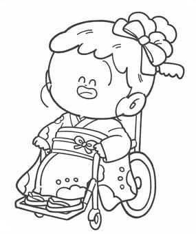 着物を着た車椅子の女の子の白黒イラスト 車椅子,着物,車いす,車イス,女の子,正月,七五三,和装,行事,日本のイラスト素材