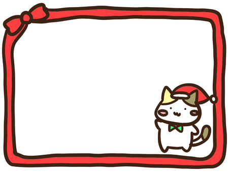 クリスマスフレーム・リボン・サンタ三毛猫 クリスマス,フレーム,リボン,赤,枠,飾り,ねこ,冬,メッセージカード,メモのイラスト素材