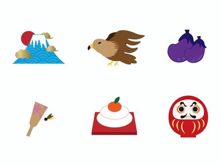 お正月イラスト　6点セット 和柄,和風,日本,日本文化,japan,お正月,富士山,鷹,茄子,羽子板のイラスト素材