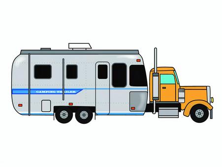 キャンピングトレーラー(黄色) キャンピングトレーラー(黄色) トラック,横向き,車,キャンピングカー,キャンピングトレーラー,トレーラーハウス,キャンプ,アメリカンのイラスト素材