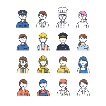 さまざまな職業の女性たちのアイコンセット 人物,アイコン,女性,職業,仕事,制服,看護師,警察官,パイロット,シェフのイラスト素材