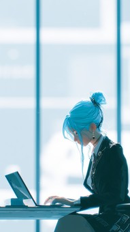 女性が窓際で仕事をする姿