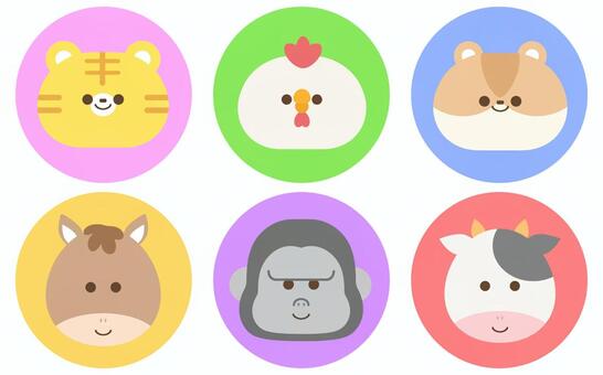 どうぶつ丸アイコン04 動物,アイコン,顔,かわいい,虎,にわとり,鳥,ハムスター,馬,ゴリラのイラスト素材