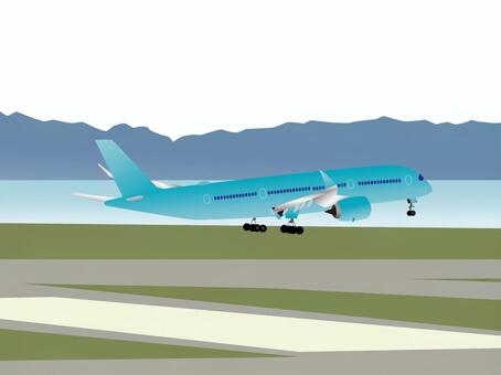 着陸寸前の大型旅客機（背景あり） 旅客機,飛行機,車輪,着陸,乗り物,交通,空港,滑走路,海,山のイラスト素材