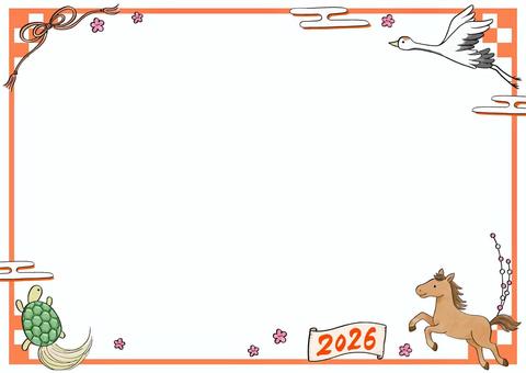 手描き絵の年賀フレーム2026A4ヨコ赤 お正月,年賀,フレーム,枠,背景,午,馬,2026,鶴,亀のイラスト素材