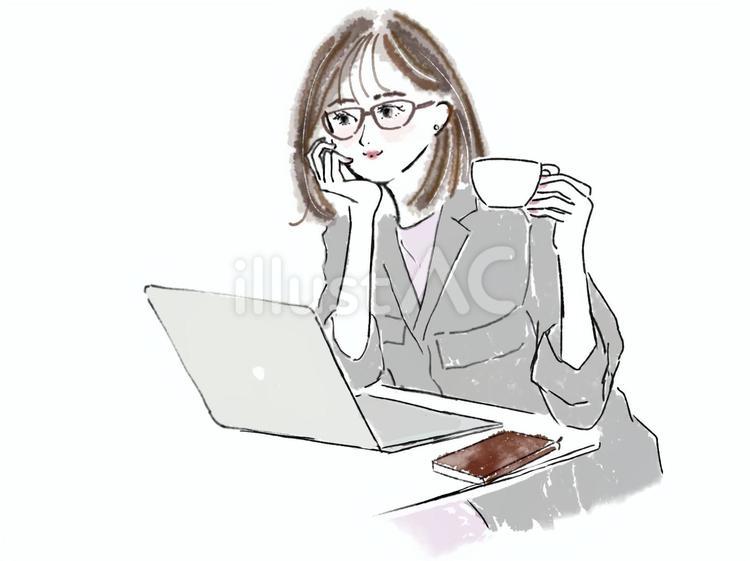 PCの前でコーヒー飲む頬杖のスーツ女性 女性,仕事,めがねのイラスト素材
