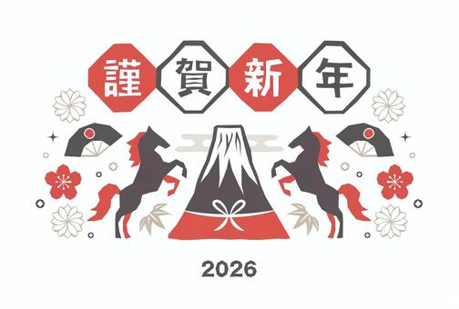 年賀状（2026）馬と富士山_謹賀新年 年賀状,馬,午,富士山,和風,謹賀新年,正月,2026年,2026,テンプレートのイラスト素材