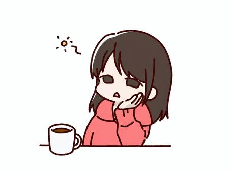 ぼんやりする人（黒髪長髪赤） 女性,ぼんやり,パーカー,ロングヘア,眠い,空虚,お茶,コーヒー,マグカップ,黒髪のイラスト素材