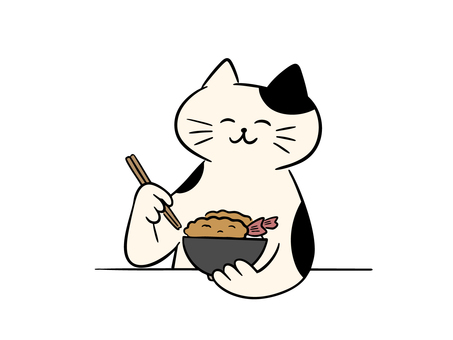 海老天丼を食べる猫（カラー） 猫,天丼,海老天,海老天丼,丼物,和食,食事,ランチ,昼ご飯,夕飯のイラスト素材