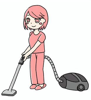 桃色の女の子　掃除機かけている ピンク,かわいい,手描き,ピンク髪,女の子,掃除,掃除機,家事,生活,日常シーンのイラスト素材