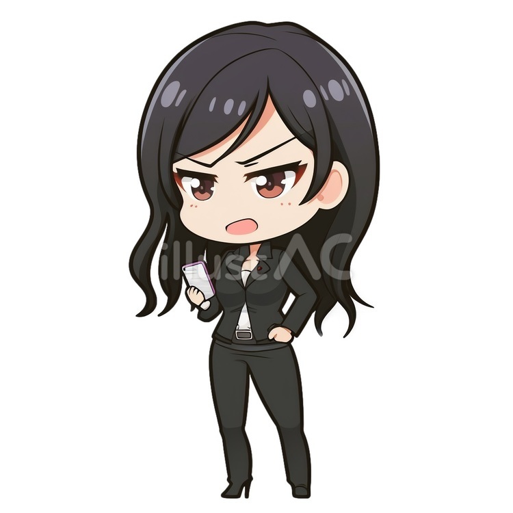 スマホを見て怒る黒髪のOL 女性,スマホ,怒るのイラスト素材